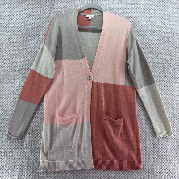 J Jill Pure Jill Sweater Womens XS Pink Gray Color block Long Cardigan Button - Picture 1 of 12